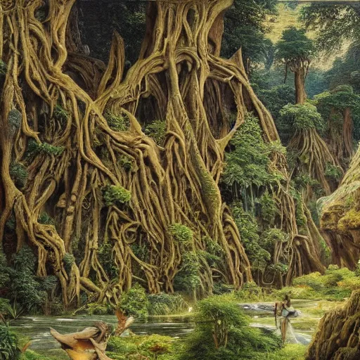 Prompt: a beautiful and highly detailed oil painting of am elven temple deep in the mountains, beautifully detailed ancient trees, lush plant growth, intricate details, epic scale, insanely complex, 8 k, sharp focus, hyper realism, fantasy landscape, psychedelic, by caspar friedrich,