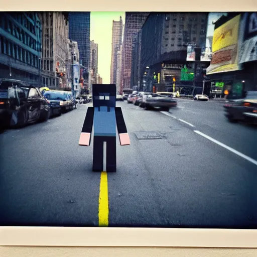 Image similar to A minecraft enderman walking the streets of new york, photograph, polaroid