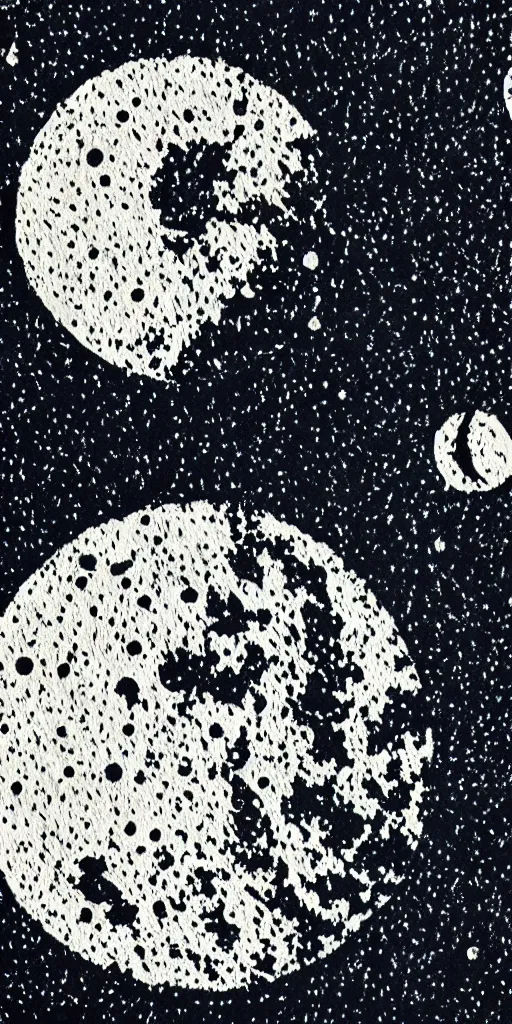 Prompt: the phases of the moon, occult, vast cosmos, a photograph of a simple two color woodcut print with ink on textured paper