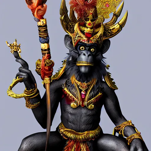 Image similar to monkey king godly lord of monkeys, wearing a crown, holding a staff, sitting in throne 8 k render high detail dark demon gothic style