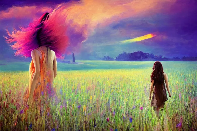 Image similar to giant gladiola head, girl walking in field of flowers, surreal photography, sunrise, blue sky, dramatic light, impressionist painting, digital painting, artstation, simon stalenhag