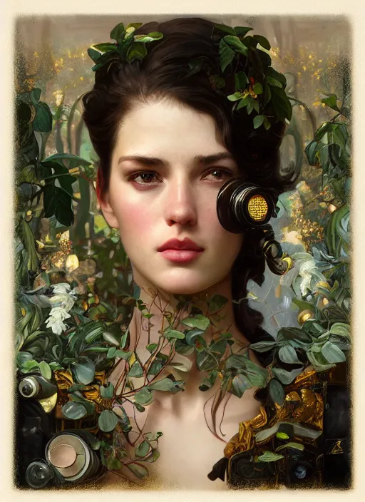 Image similar to hyper realistic photographer looking through a vintage medium format camera, design on white background, beautiful details, lush foliage cyberpunk, gold, drawn by john singer sargent, tom bagshaw, norman rockwell, alphonso mucha, lolish, trending on artstation