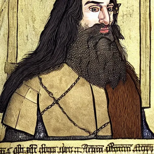 Image similar to a medieval nobleman with a long face, long brown hair and a closely - trimmed beard which is beginning to go grey. character art.