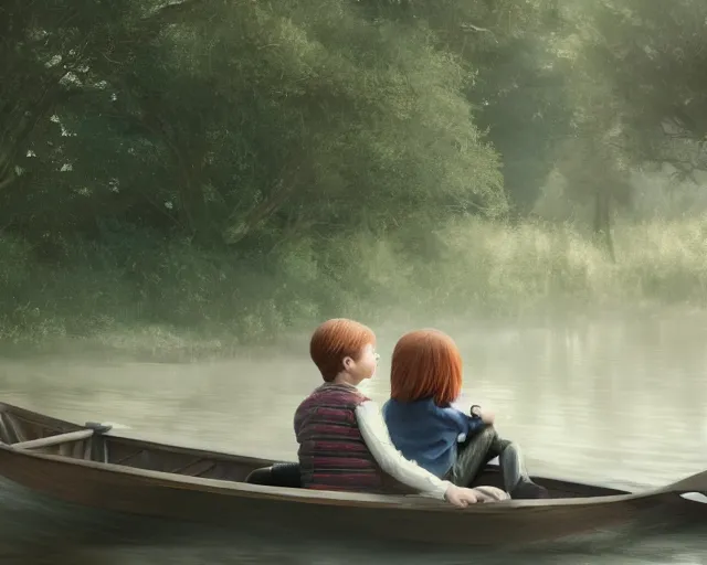 Image similar to a boy and a girl with long flowing auburn hair sitting together on the rowboat. Boy has black short hair, boy has black short hair. Atmospheric lighting, long shot, romantic, boy and girl are the focus, trees, river. Oil Painting, Trending on Artstation, octane render, Insanely Detailed, 8k, HD