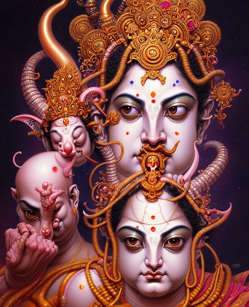 Prompt: beautiful hindu god romantic krishna fantasy character portrait, close - up, headshot, ultra realistic, intricate details, the fifth element artifacts, highly detailed by peter mohrbacher, hajime sorayama, wayne barlowe, boris vallejo, aaron horkey, gaston bussiere, craig mullins