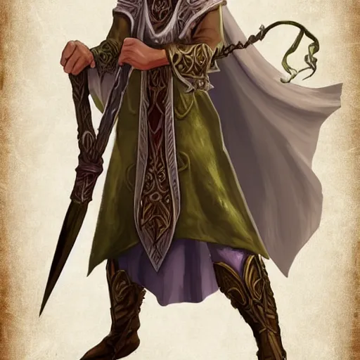 Image similar to Eladrin wizard in robes with wand, D&D character art, high quality