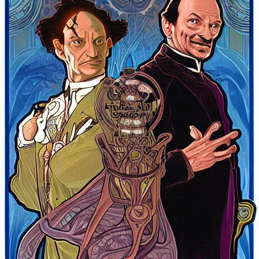 Image similar to detailed portrait of Garak and Doctor Bashir from Deep Space 9, by Alphonse Mucha and Dan Mumford