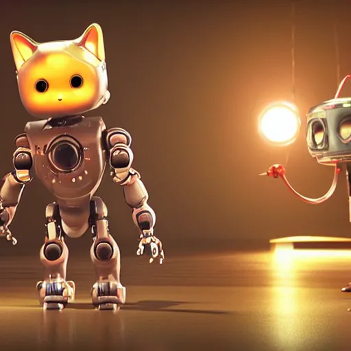 Prompt: a 3 d rendered movie of a cute robot ( ( ( kitten with whiskers ) ) ). the robot has led cybernetic implants. polka dance contest. dramatic lighting. science fiction outer space fantasy blockbuster movie robots, imax 7 0 mm. octane 3 d render, style of castaway ( film ), dune ( film ), polka dancing contest.