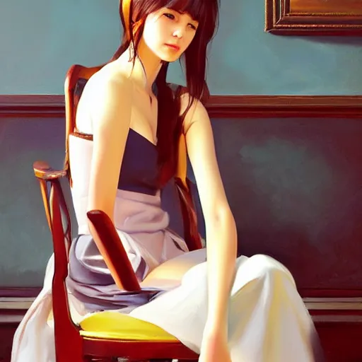Prompt: oil painting by ilya kuvshinov,, baugh casey, rhads, coby whitmore, of a youthful japanese beauty, long hair, sitting on antique chair leaning against a desk, victorian room, highly detailed, breathtaking face, studio photography