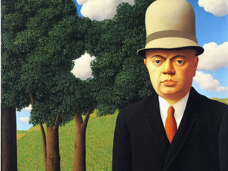 Image similar to a painting by rene magritte, high detail, high resolution