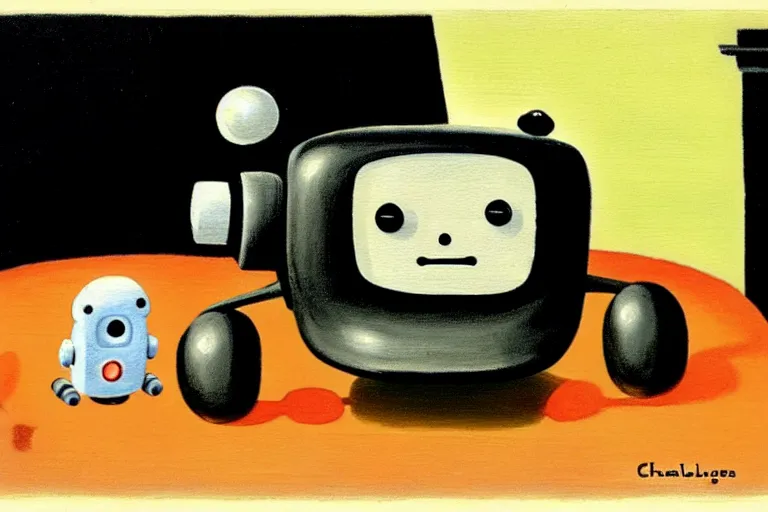 Image similar to a cute little robots painting by charles addams