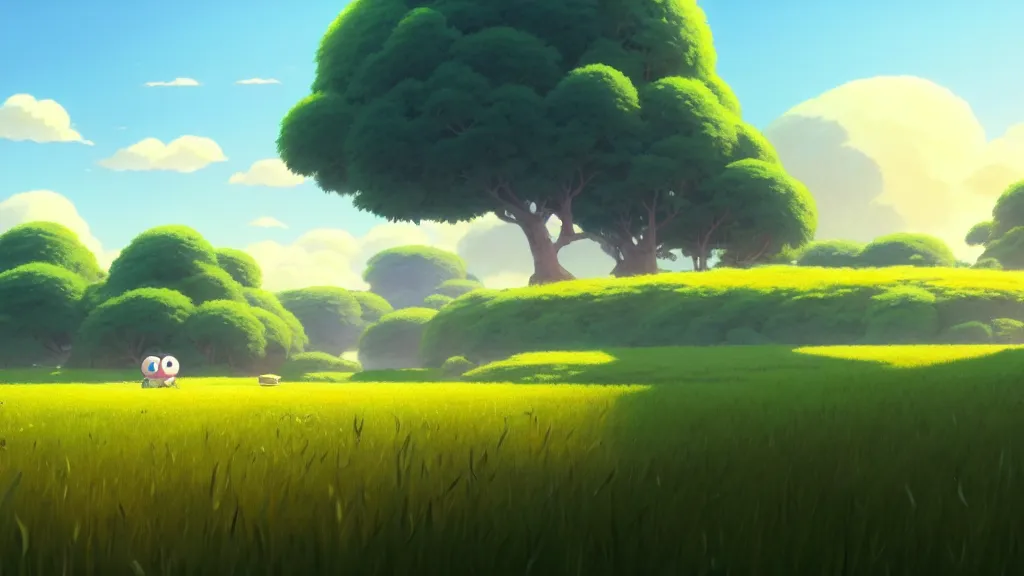 Image similar to open fields landscape, studio ghibli, pixar and disney animation, sharp, rendered in unreal engine 5, highly detailed, digital painting, artstation, concept art, smooth, sharp focus, illustration, wide angle, artbook, wallpaper, splash art, promo art, dramatic lighting, art by artgerm and greg rutkowski and bo chen and jin xiaodi