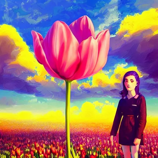 Image similar to girl with a giant tulip head, surreal photography, flower field, sunset dramatic light, impressionist painting, colorful clouds, blue sky, digital painting, artstation, simon stalenhag