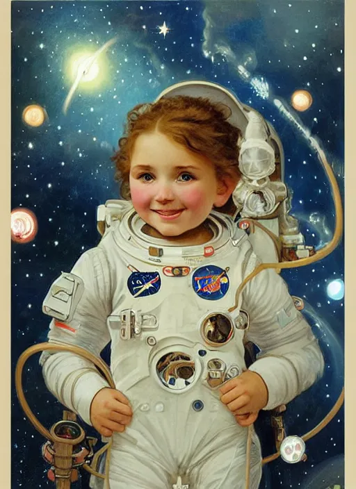 Prompt: a cute little girl with a round cherubic face, blue eyes, and short wavy light brown hair smiles as she floats in space with stars all around her. she is an astronaut, wearing a space suit. beautiful painting with highly detailed face by alphonse mucha and artgerm and greg rutkowski
