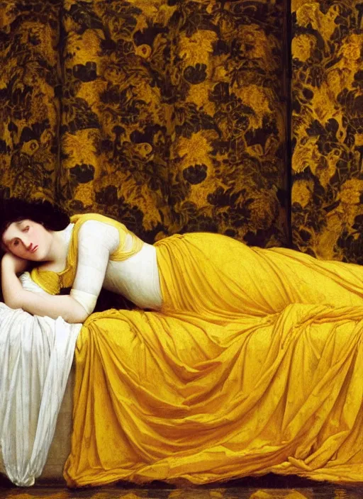 Image similar to masterpiece portrait of lady reclining on bed wearing yellow ochre ornate medieval dress, vertical, foreshortening, colour photography by frederic leighton, william morris, 8 k