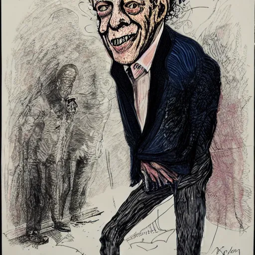 Image similar to Jacob Rothschild full body shot, dollar bills Body horror, biopunk, by Ralph Steadman, Francis Bacon, Hunter S Thompson