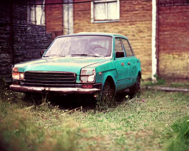 Image similar to a lomographic photo of old lada 2 1 0 7 standing in typical soviet yard in small town, hrushevka on background, cinestill, bokeh