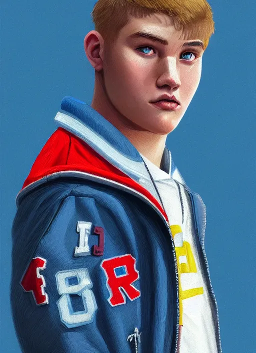 Image similar to portrait of high school senior boy named big moose, blonde short hair, jock, beefy, wide face, square jaw, square facial structure, blue varsity jacket with letter r, intricate, elegant, glowing lights, highly detailed, digital painting, artstation, concept art, sharp focus, illustration, art by wlop, mars ravelo and greg rutkowski