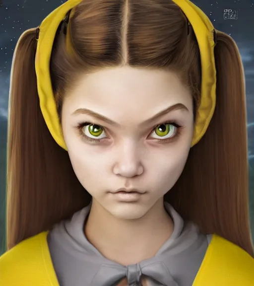 Prompt: epic fantasy comic book style portrait painting of a young green - eyed feminine! boy, brown hair in one long and one short pigtail, yellow hoodie grey undershirt, by mark ryden pixar hayao miyazaki, unreal 5, daz, hyperrealistic, octane render, cosplay, rpg portrait, dynamic lighting, intricate detail, cinematic summer vibrancy