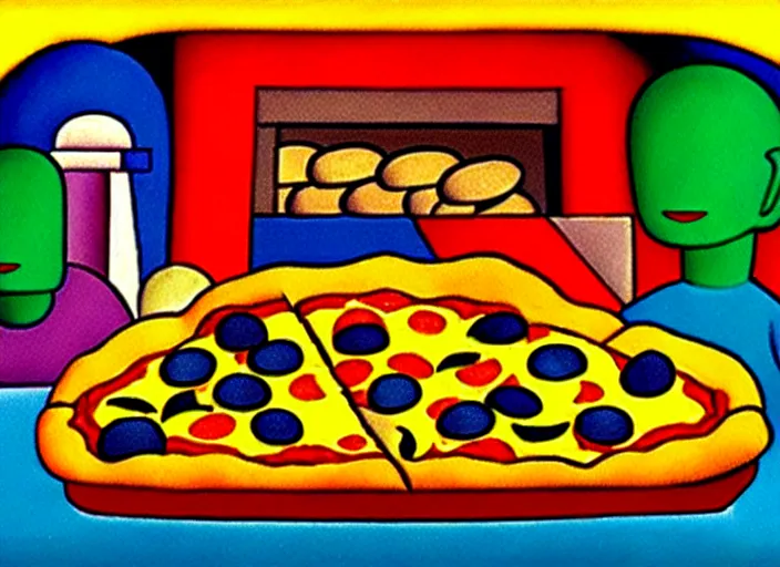 Prompt: a temple to pizza by Tarsila do Amaral