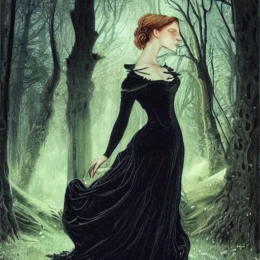 Image similar to A beautiful victorian woman, night, gothic dress, flowing hair, oil painting, portrait, magical forest, glow, dramatic lighting, dramatic light, masterpiece, high detail, long shadow, amazing composition, detailed, high contrast, painted by Caspar David Friedrich