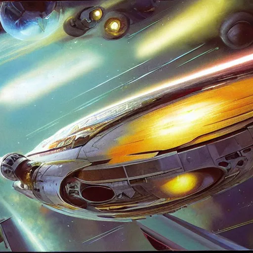 Image similar to futuristic spaceship jumping to warp lightspeed concept art oil painting by , extremely detailed, brush hard, by john berkey