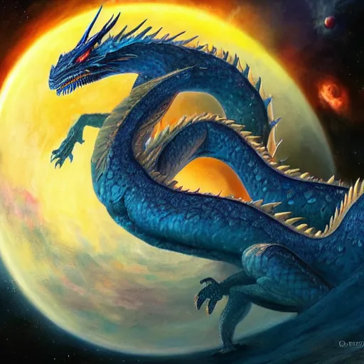 Image similar to prompt blue crystalline dragon, European dragon, devouring a planet, space, planets, moons, sun system, nebula, oil painting, by Fernanda Suarez and and Edgar Maxence and greg rutkowski