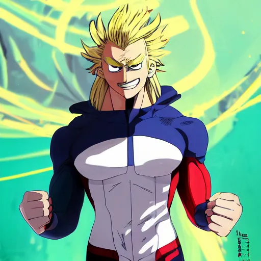 Prompt: all might from my hero academia, futuristic, gta 5 cover art, oil painting, comic book black lines, alot of paint smears, blonde sharp hair, hero outfit, fine details, sharp focus, intricate, realistic shaded perfect face, third dimensional, by cushart krenz, by makoto shinkai, by wlop, by artgerm
