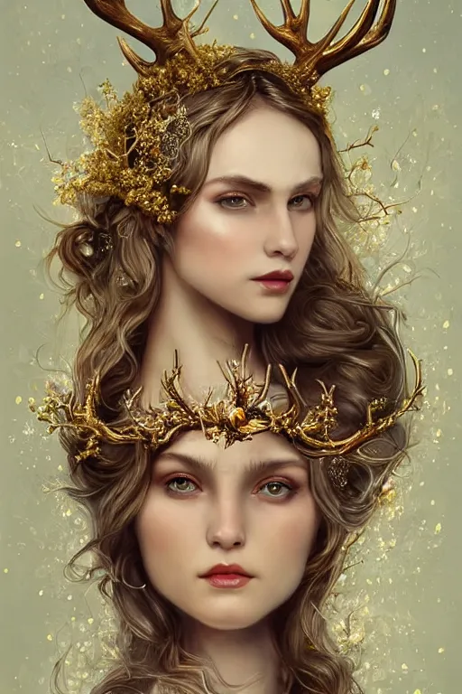 Prompt: young woman with antlers, sad eyes, fantasy, intricate, highly-detailed, elegant, gold, crown, flowers, dramatic lighting, gorgeous face, sexy gown, lifelike, photorealistic face, digital painting, artstation, illustration, concept art, smooth, sharp focus, art by John Collier and Albert Aublet and Krenz Cushart and Artem Demura and Alphonse Mucha