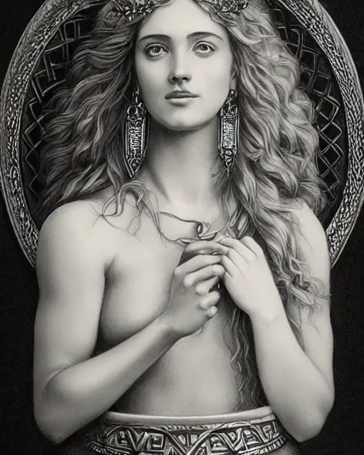 Image similar to pencil drawing of a beautiful greek goddess aphrodite wearing a laurel wreath and arrowhead earrings, beautiful confident eyes, beautiful flowing hair, glowing god eyes, hyper realistic face, in the style of greg rutkowski, fantasy, amazing detail, epic, elegant, smooth, sharp focus, from the front