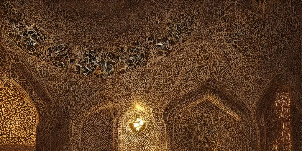 Image similar to an iwan with intricate muqarnas made of glowing obsidian and white marble, beautiful, volumetric lighting, cinematic lighting, golden hour