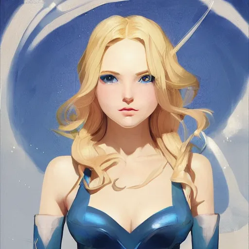 Image similar to portrait of beautiful girl with blond hair and blue eyes, League of Legend illustration by Sam Youn:1, profile picture by Gil Elvgren:2, asymmetrical, Organic Painting, Ambient Occlusion:3, Matte Painting, bold shapes, hard edges, street art, trending on artstation, realistic:2 by Sachin Teng:5