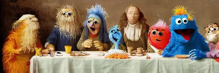 Prompt: the last supper on sesame street and cookie monster and big bird and oscar and muppet. art by hieronymus bosch, colorful, fine detail