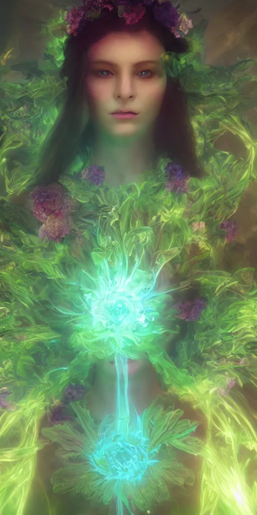 Prompt: flower goddes, concept character, beautiful, stunning, green mist, radiating power, energy, god rays, luminescence, fractal, unreal engine, 8k