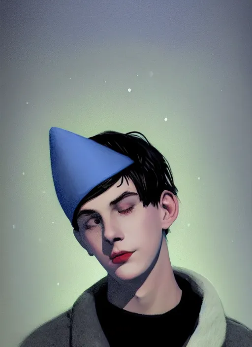 Image similar to portrait of teenage jughead jones wearing a light grey crown, crown, blue turtleneck, 1 9 5 0 s, closed eyes, photorealistic, black hair, glowing lighting, intricate, elegant, glowing lights, highly detailed, digital painting, artstation, concept art, smooth, sharp focus, illustration, art by wlop, mars ravelo and greg rutkowski