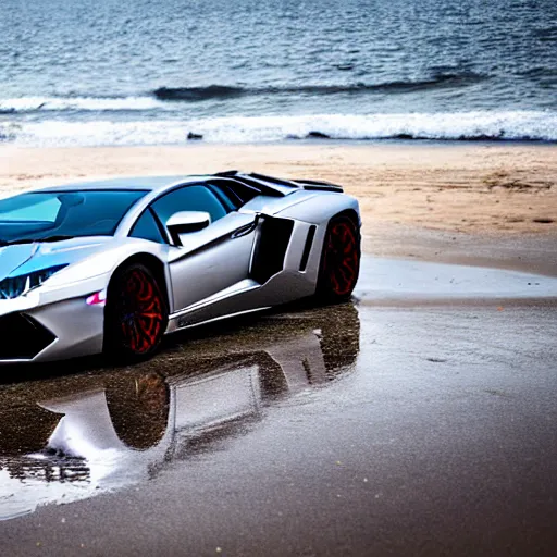 Image similar to A beautiful silver Lamborghini aventador on the beach, 8k, beautiful reflection