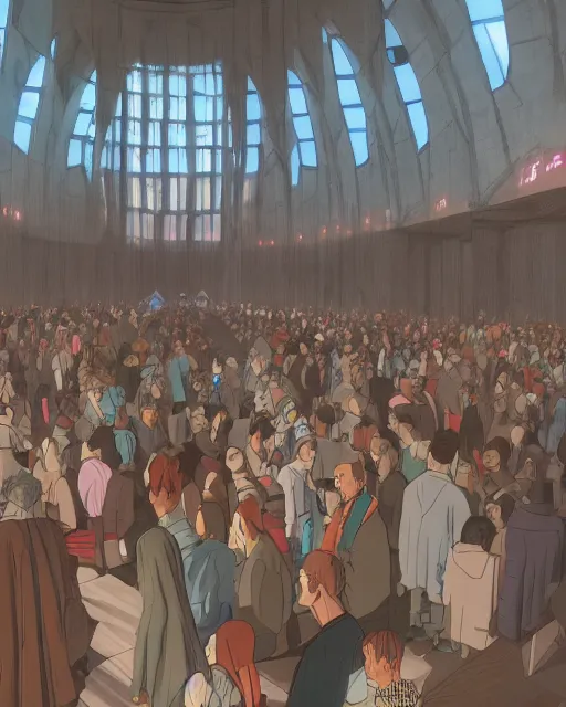 Image similar to moebius and ghibli digital matte art of a crowd in a futuristic church, priest, pews, ethereal, inviting, bright, unreal engine, hyper realism, realistic shading, cinematic composition, realistic render, octane render, detailed textures, photorealistic, wide shot