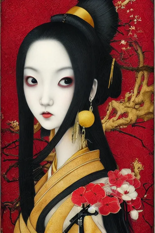Prompt: watercolor painting of a japanese bjd geisha vampire with a long neck by tom bagshaw, amy sol, mark ryden in the style of thoth tarot card, dark - fantasy, red, gold, black, sakura flowers