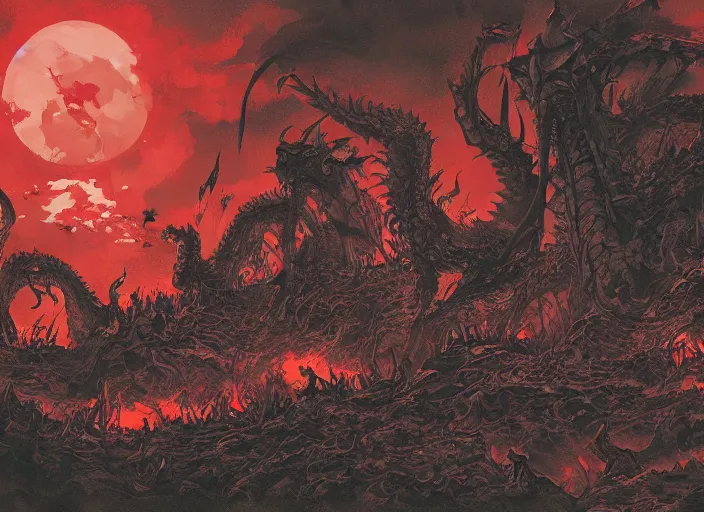 Prompt: a landscape of the hell by takeshi obata and mike mignola, hell, dragons, red and black colors, colors, abandoned buildings, trees with faces, night sky, highly detailed, cgsociety, artstation, very detailed