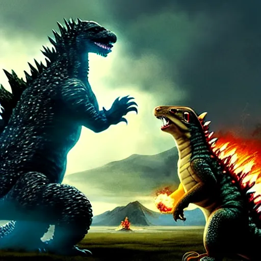 Image similar to godzilla fighting a giant muscular squirrel and a giant gay lizard in a field, 4 k, detailed, smooth lighting, art by greg rutkowski, intense lighting
