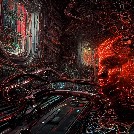 Image similar to cybernetic demon dreaming with its networked mind, lsd, circuitry, intricate detail, royo, whealan, giger, klimt, hd, octane render, unreal engine,