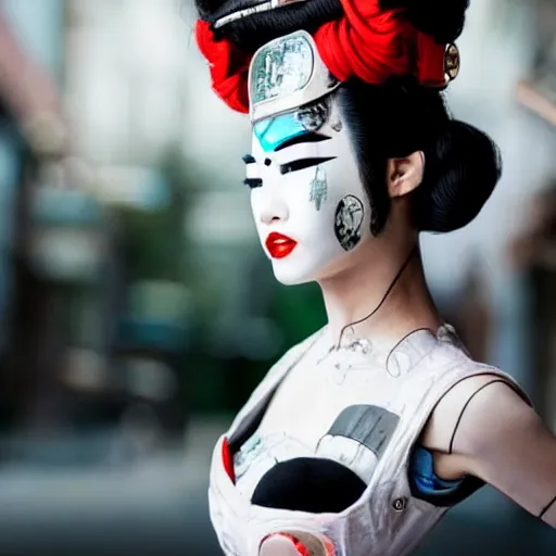 Image similar to cyborg geisha traveling to the future