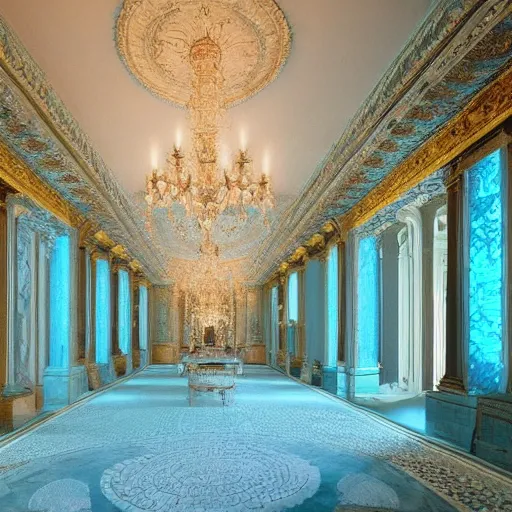 Prompt: large palace room intricately carved from aquamarine, dimly lit with sunlight filtering through the walls