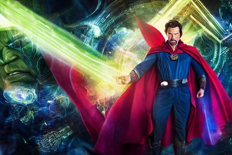 Image similar to photograph of the hulk wearing doctor strange's cape, straining his muscles, on a background full of magic, photography, dramatic, cinematic