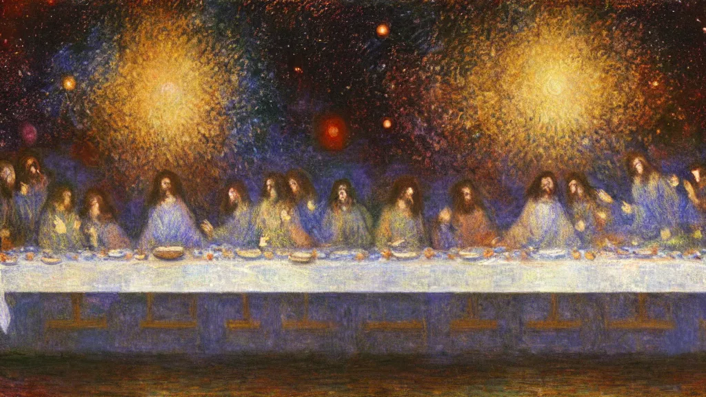 Image similar to the last supper claude monet, space, stars, nebula explosion, milky way, galaxy, galactic, digital art.