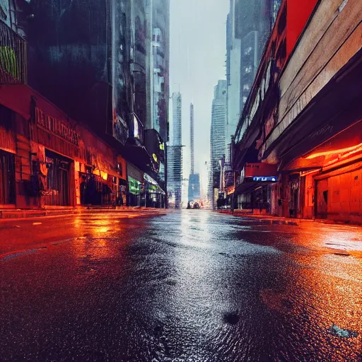 Image similar to a high quality low wide angle photo of a hyena on the streets of a cyberpunk city, rainy, reflective ground, neon lights, realism, 8k