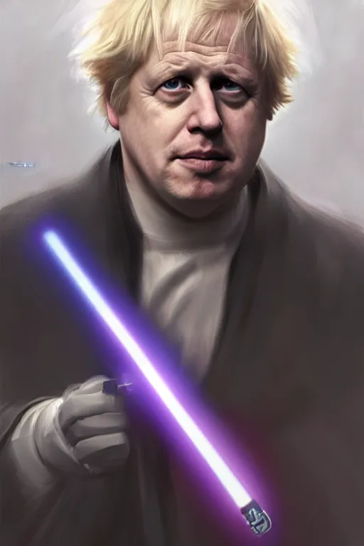 Image similar to Boris Johnson as a Jedi from Star Wars, Union Jack light saber, realistic portrait, symmetrical, highly detailed, digital painting, artstation, concept art, smooth, sharp focus, illustration, cinematic lighting, art by artgerm and greg rutkowski and alphonse mucha