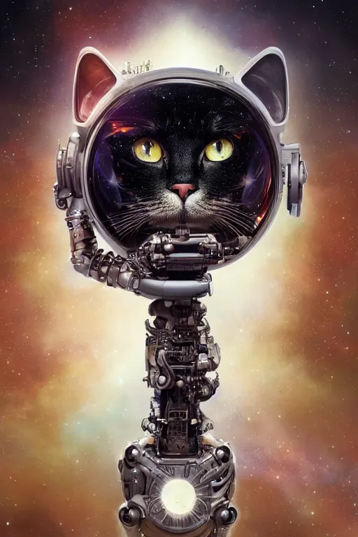 Image similar to a beautiful ultradetailed fine art photo of a futuristic cybernetic cyborg cat against galactic space, by tom bagshaw and natalie shau, portrait, 3 5 mm lens, golden ratio composition, detailed face, studio photography, very detailed, deep depth of field, humanoids, industrial robotic cats, artstation, 8 k, highly coherent