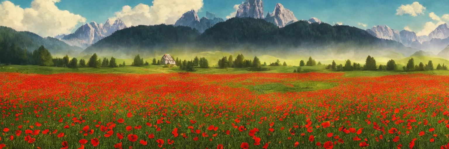 Prompt: a ultra photorealistic and sharp film still of an a sunny and colourful open field in 1 9 0 0 in the middle of the bavarian alps, germany. poppy. wide shot, wes anderson, studio ghibli, pixar and disney animation, octane render, anime key art by greg rutkowski, dramatic lighting, award winning photography