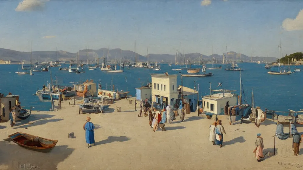 Image similar to a beautiful extremely complex painting of a mediterranean fishing village in summer by peter ilsted, whitewashed housed, tall cypress trees, blue shutters on windows, people walking down a street, fishing boats in the water, beautiful blue water, national gallery of art highlights